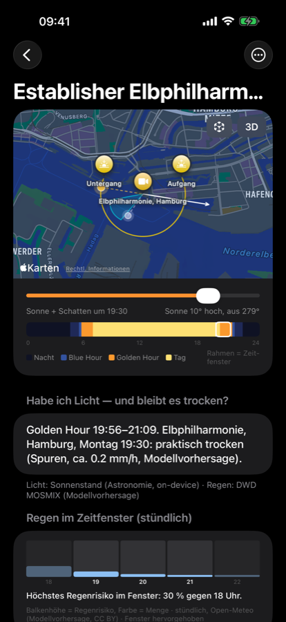 Detailansicht eines Drehs mit Karte und Zeiten